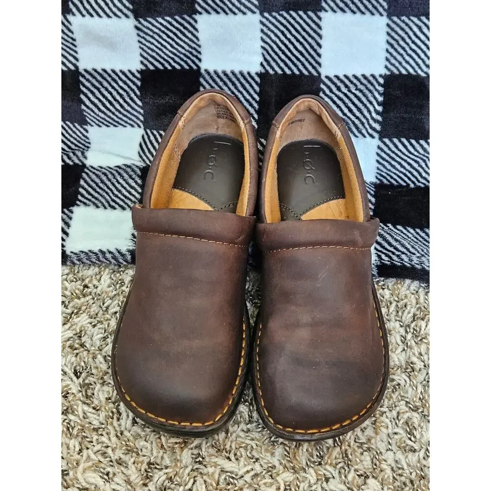 b.o.c Born Concept Brown Leather Comfort Clogs Women’s 7 Wide Slip On Shoes